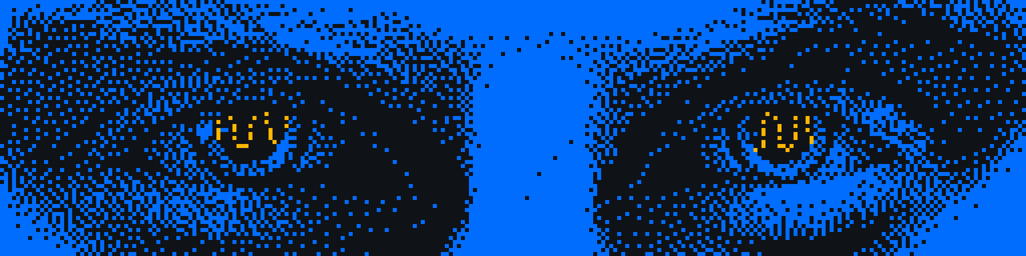 A wide, pixelated, bitmap-style shot of a man’s eyes looking at the camera. Colored in blue.