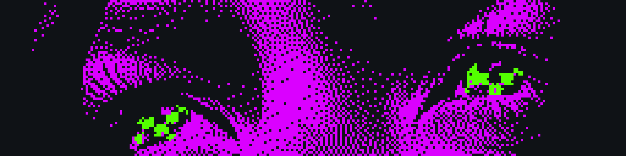A wide, pixelated, bitmap-style shot of a woman’s eyes staring above. Colored in magenta.