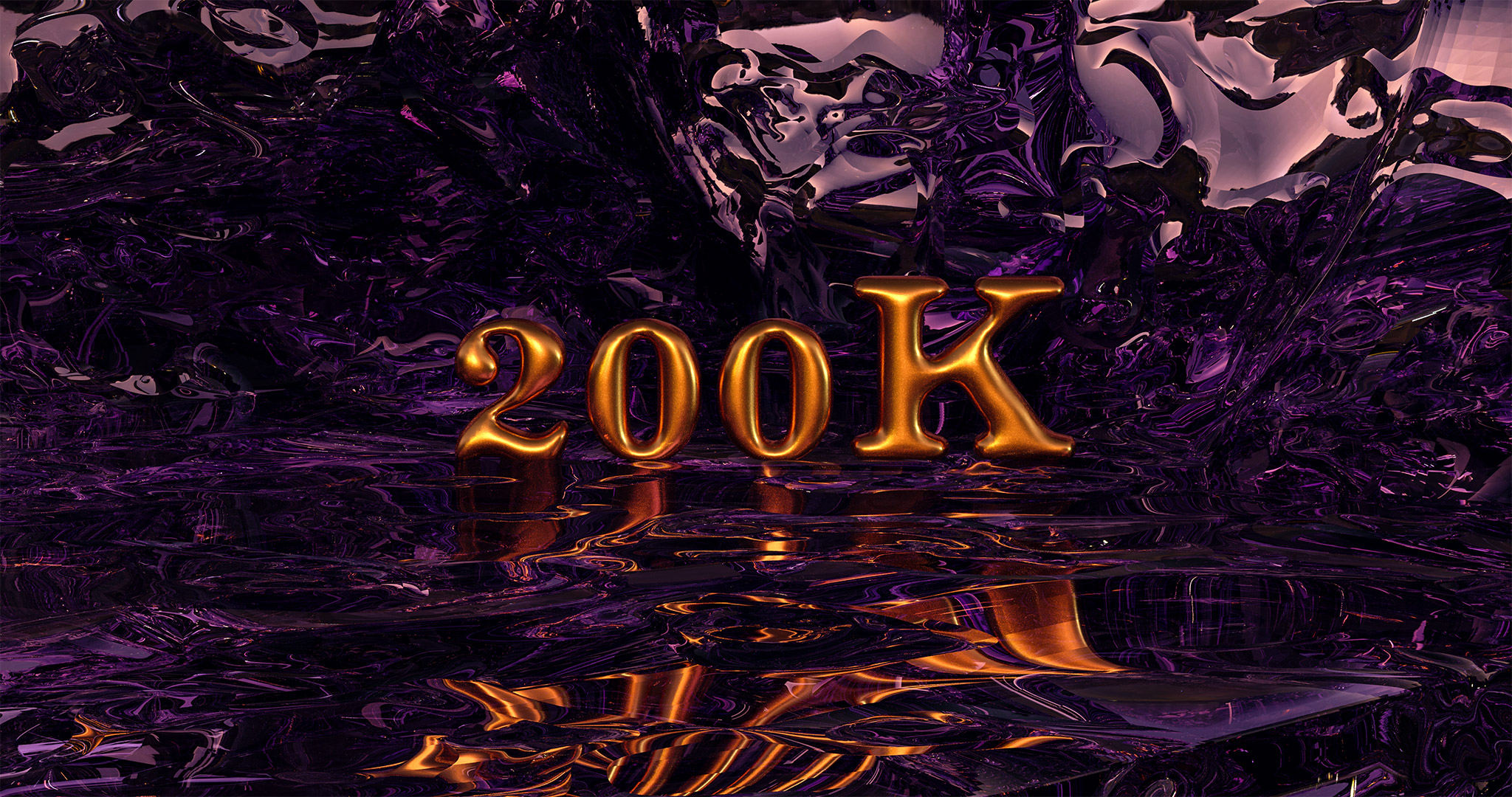 A realistic, 3D render of golden typography against an abstract, detailed, purple, glass environment. Typography reads: 200K.