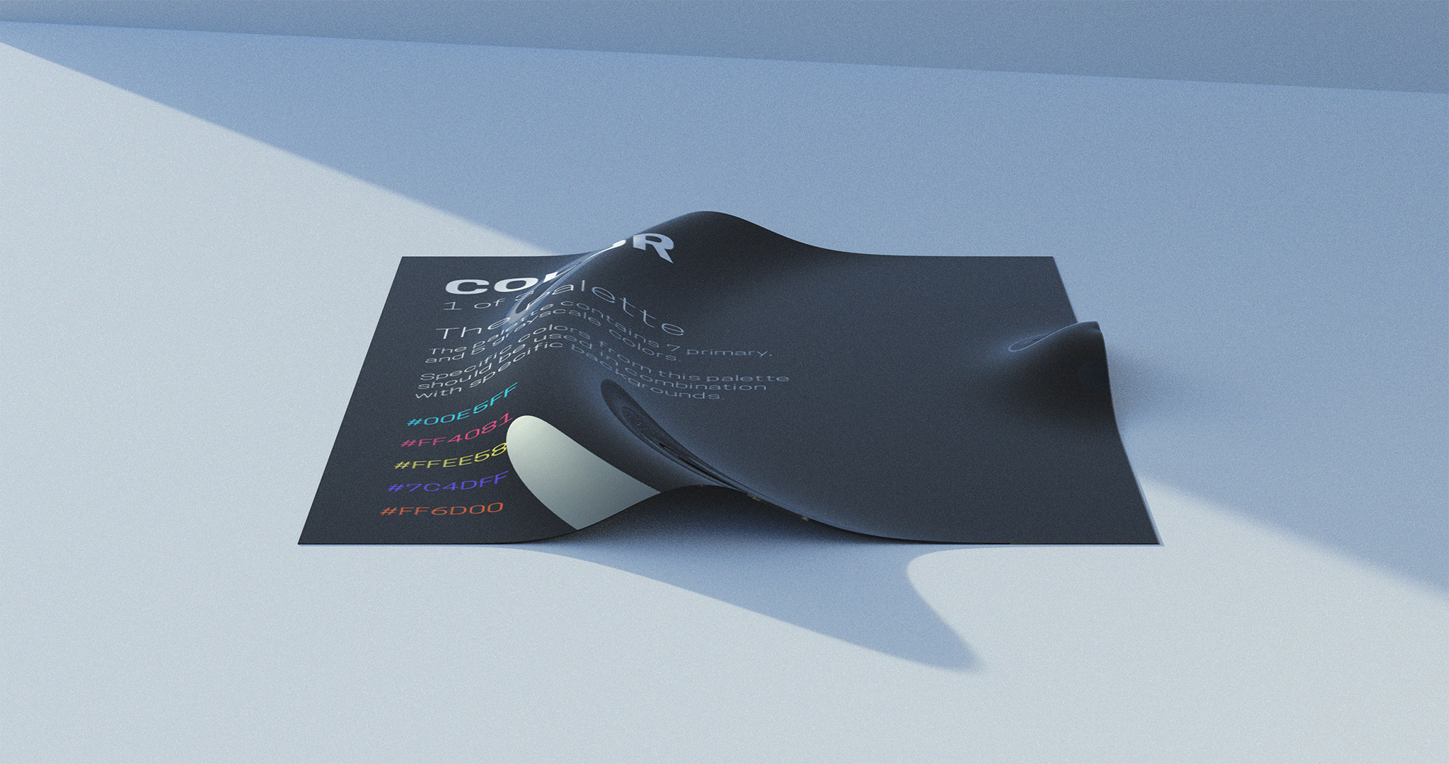 3D render of a black-colored page, warped by circular ripples; placed against a white surface-background. The page content is the color-guide section from the brandbook.
