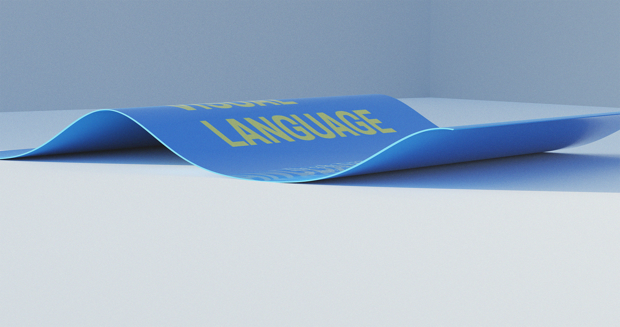 Side-profile 3D render of a warped blue page against white background, reading the word language.