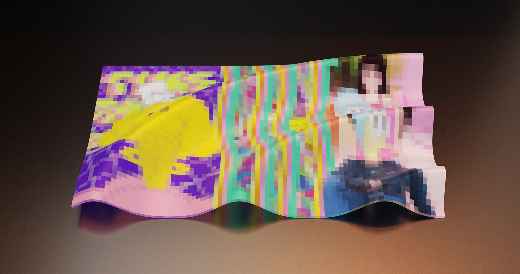 3D render of a warped glass screen with ripples, displaying a highly-pixelated collage.