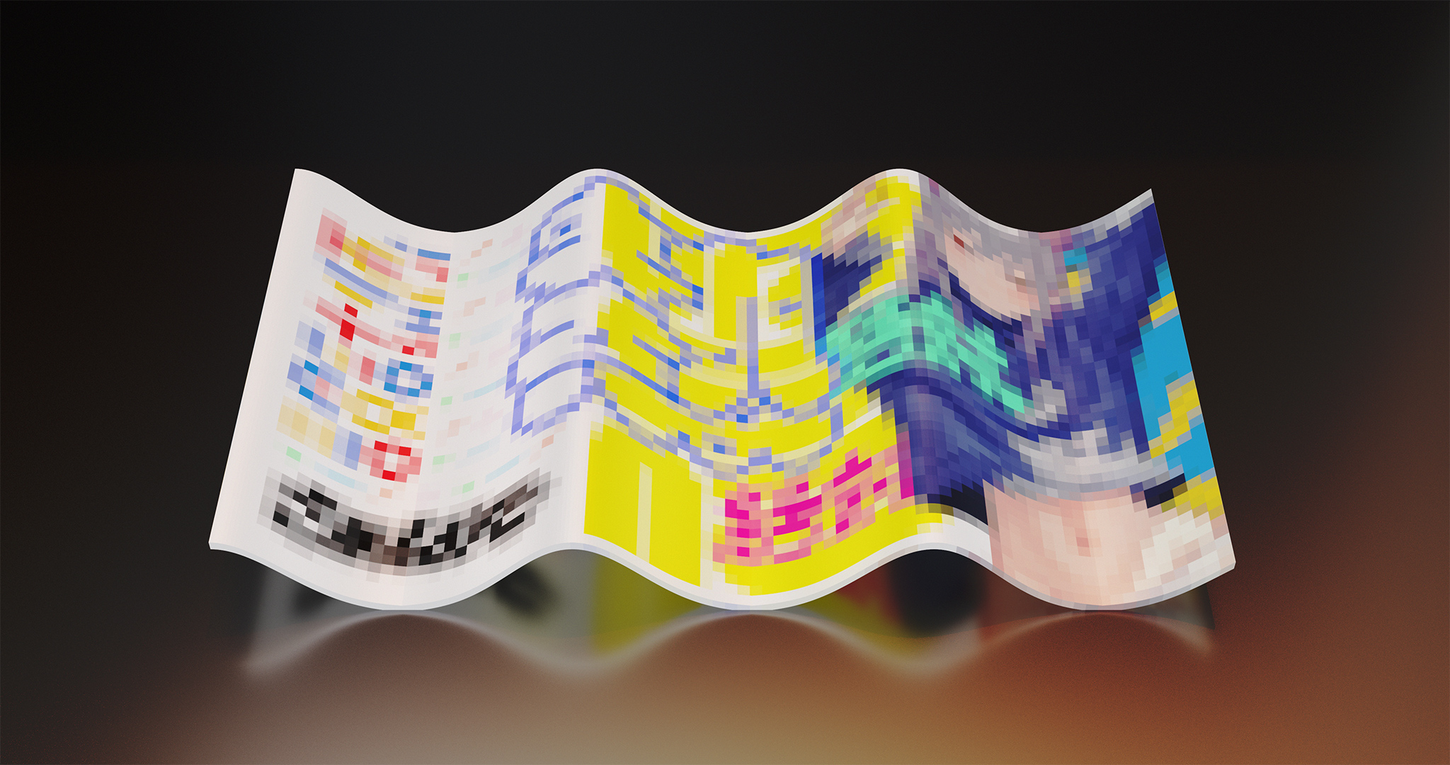 3D render of a warped glass screen with waves, displaying a heavily-pixelated collage of manga illustrations and japanese, kanji typography.