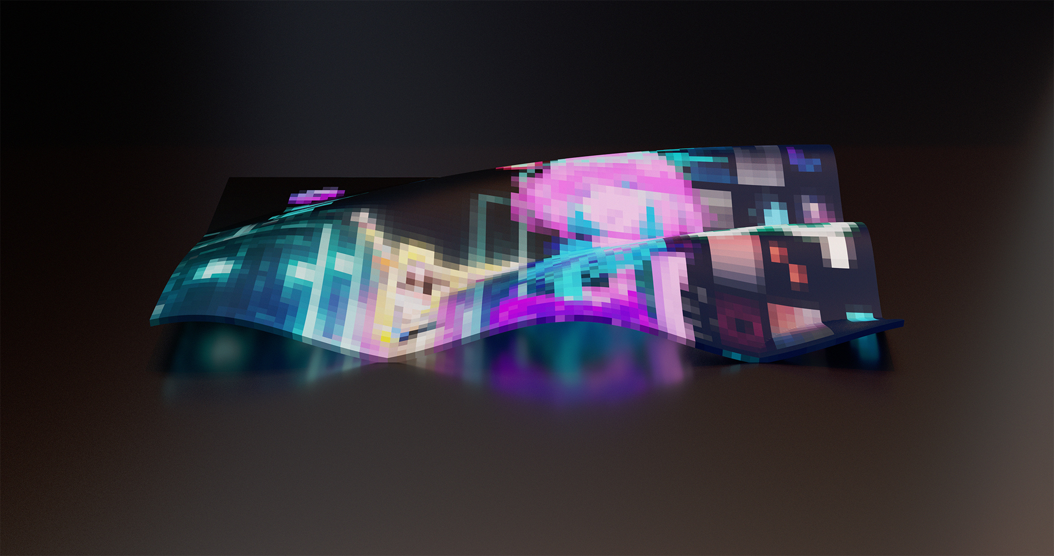 3D render of a warped glass screen with ripples, displaying a glowing, pixelated, neon collage.