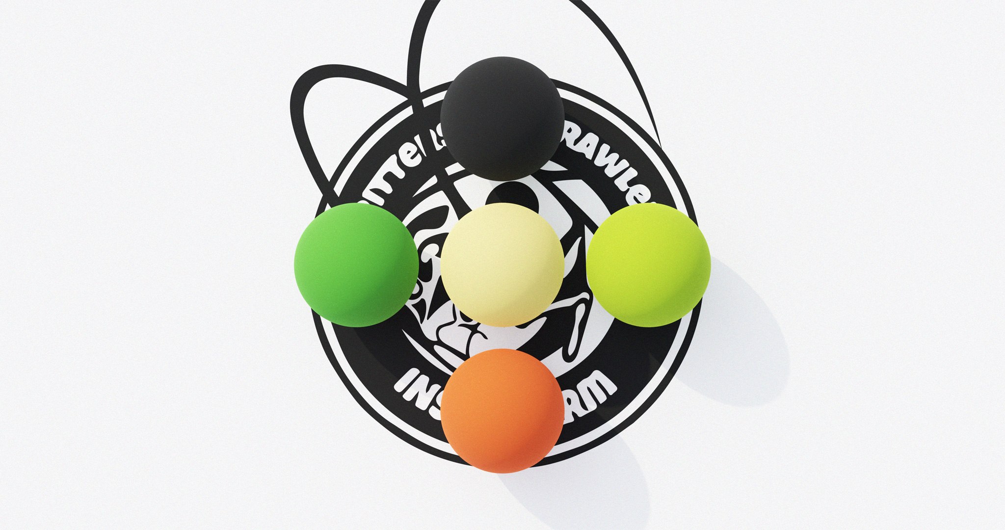 3D render of 5 differently colored ball, each representing a color from the palette, placed on top of the black and white version of the Critters and Crawlers logo.