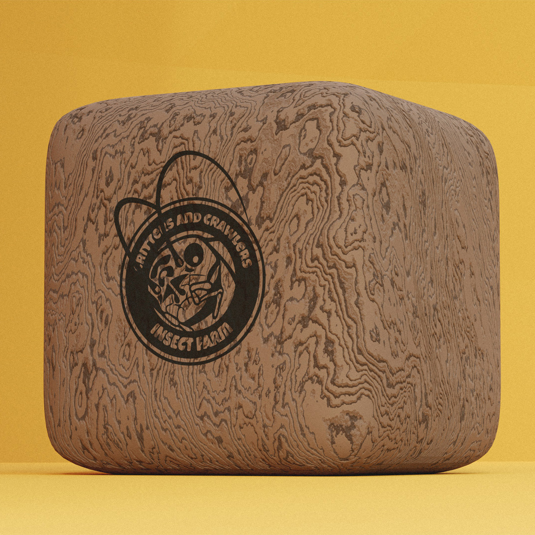 3D render of a wooden block with a monogram logotype engraved onto it.