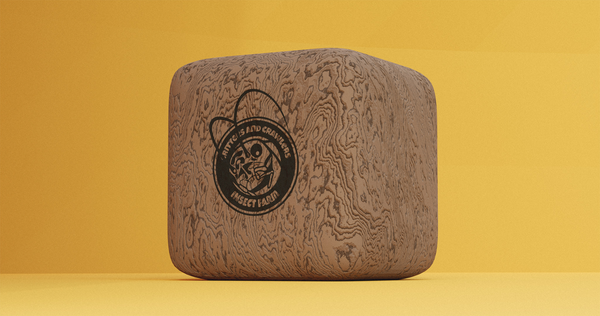 3D render of a wooden cube, featuring an engraving of the Critters and Crawlers monogram logo.