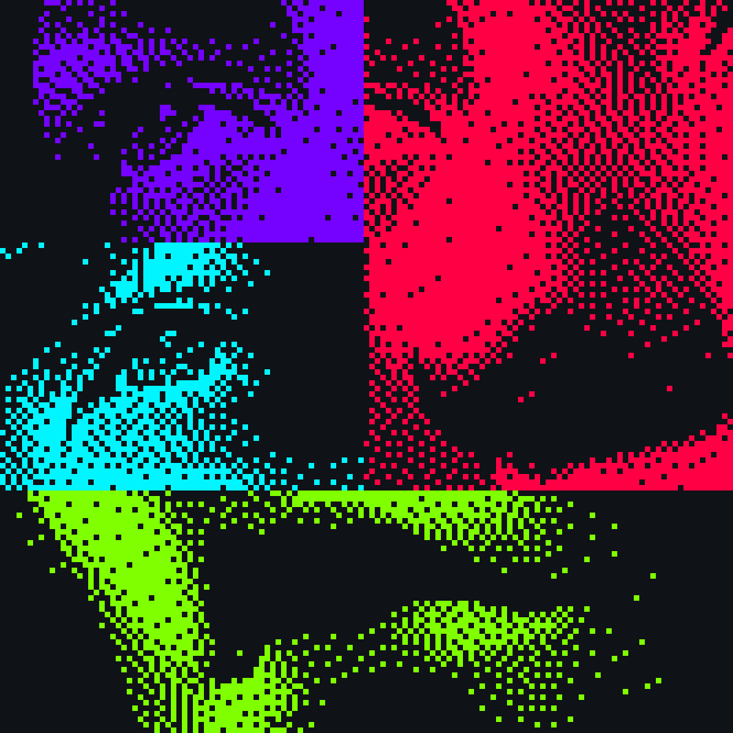 A multicolor collage of facial features in bitmap style.