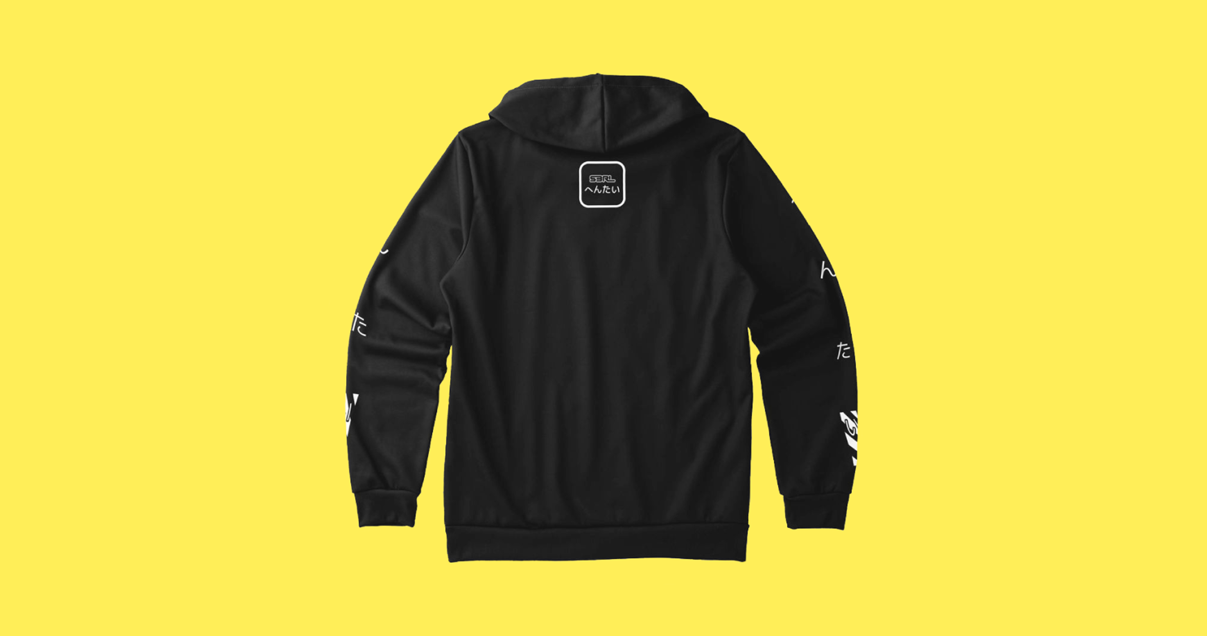 A realistic mockup of the backside of the hoodie merchandise graphics.