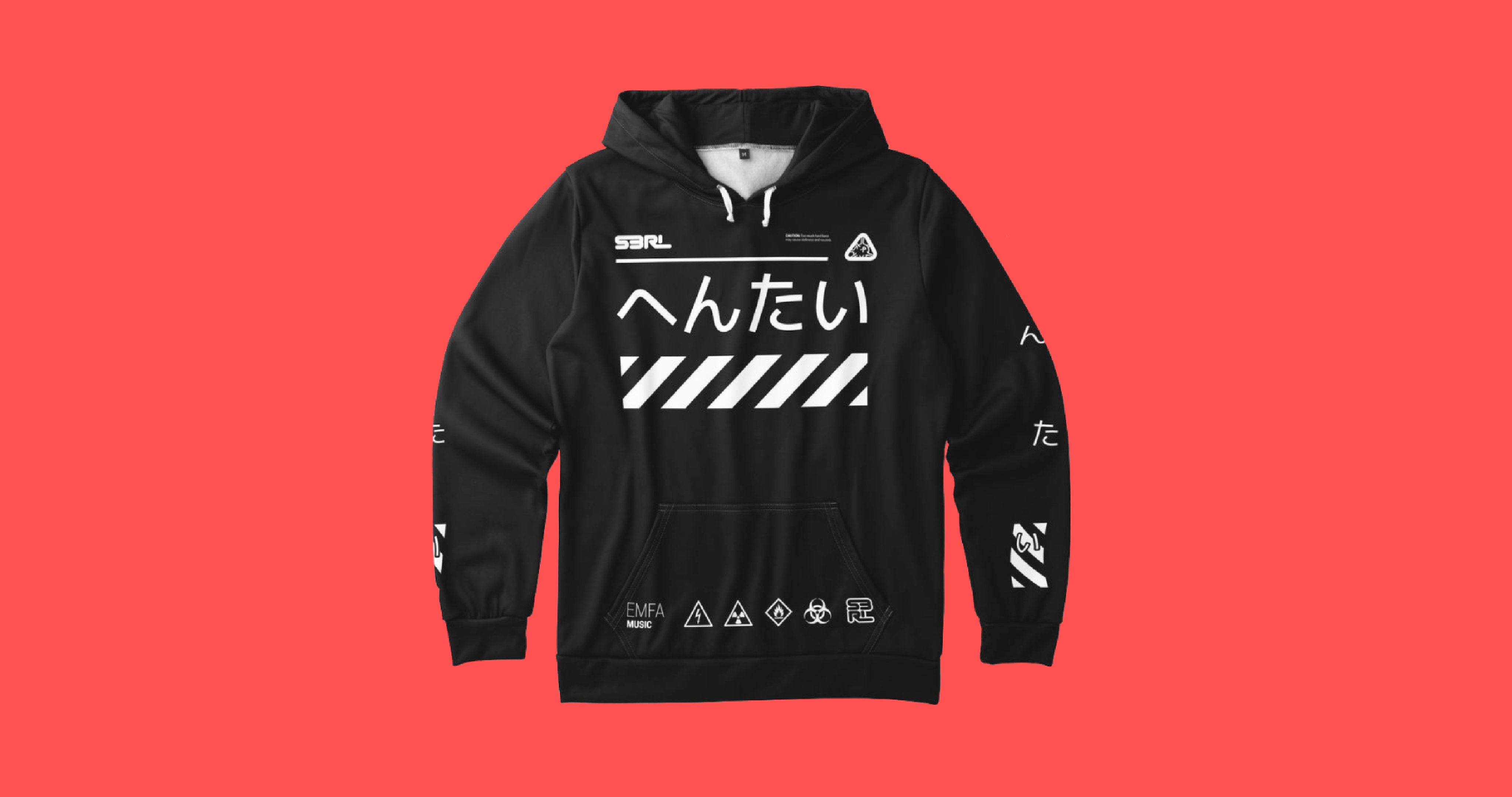 A realistic mockup of the front-side hoodie graphics.