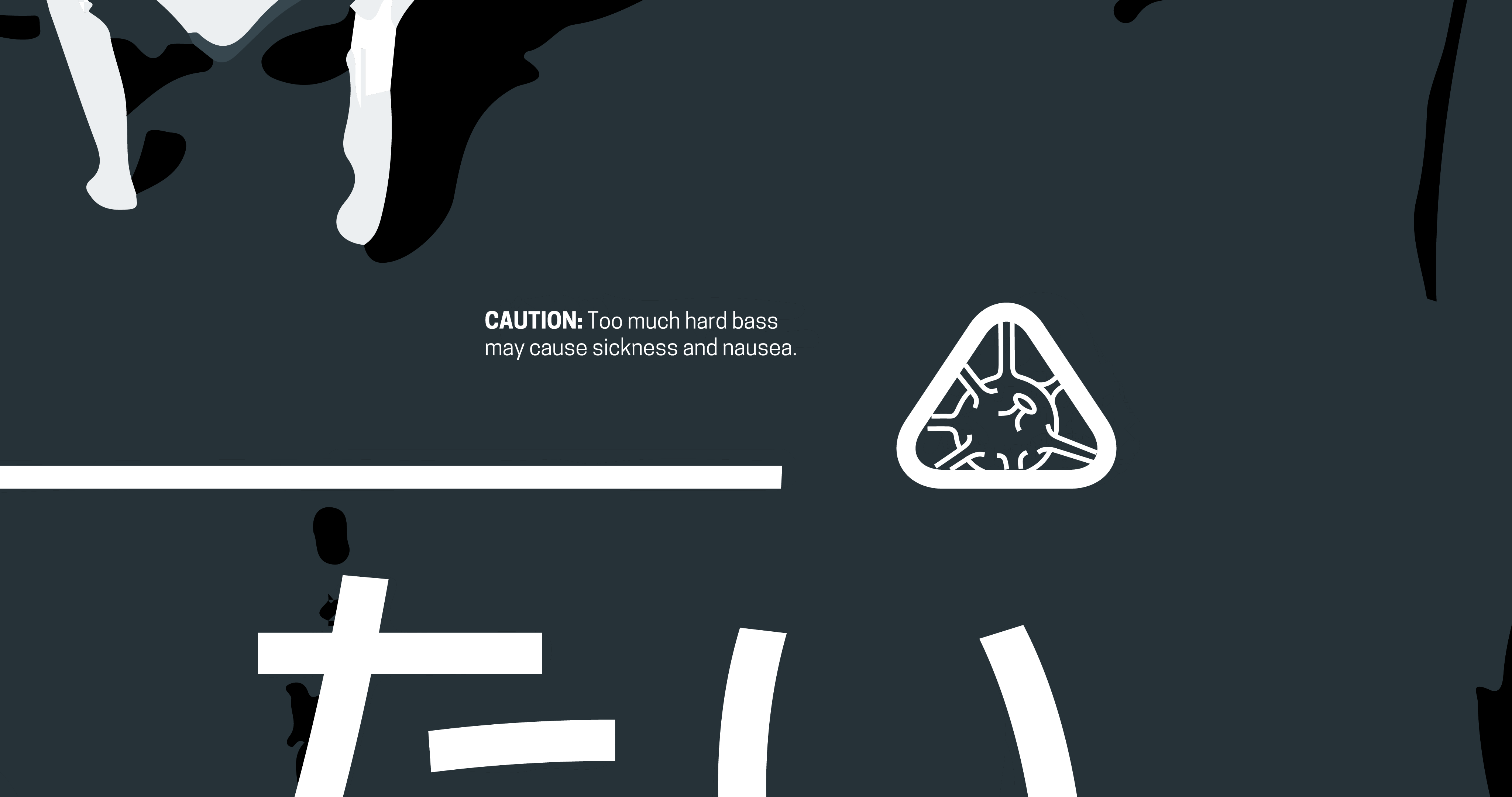An up close, vector render of the merch artwork. Text reads the following: CAUTION: Too much hard bass may cause sickness and nausea.