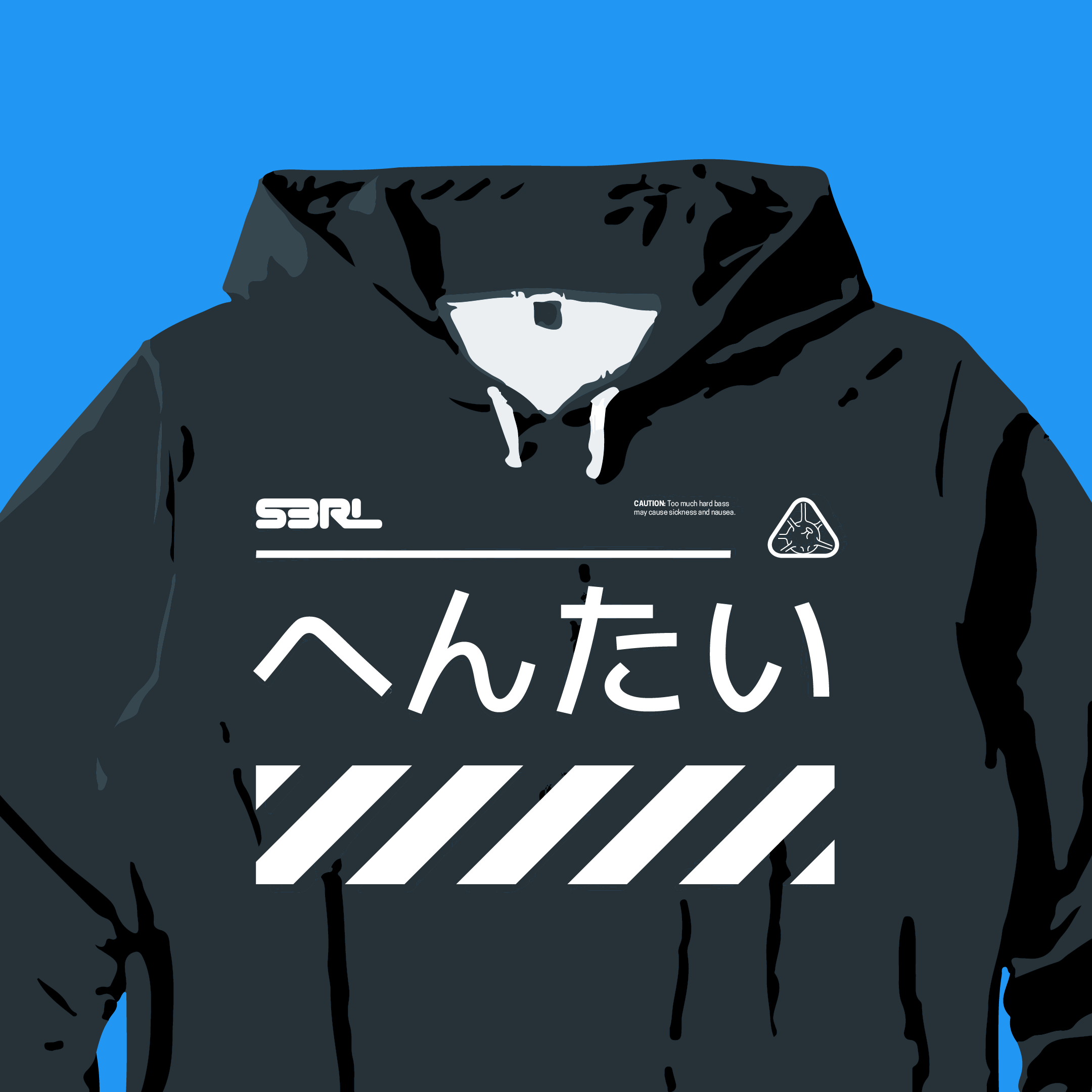 A flat, vector render of the top-half of hoodie-print graphics. Mainly featuring kanji typography, logotype, and iconography.