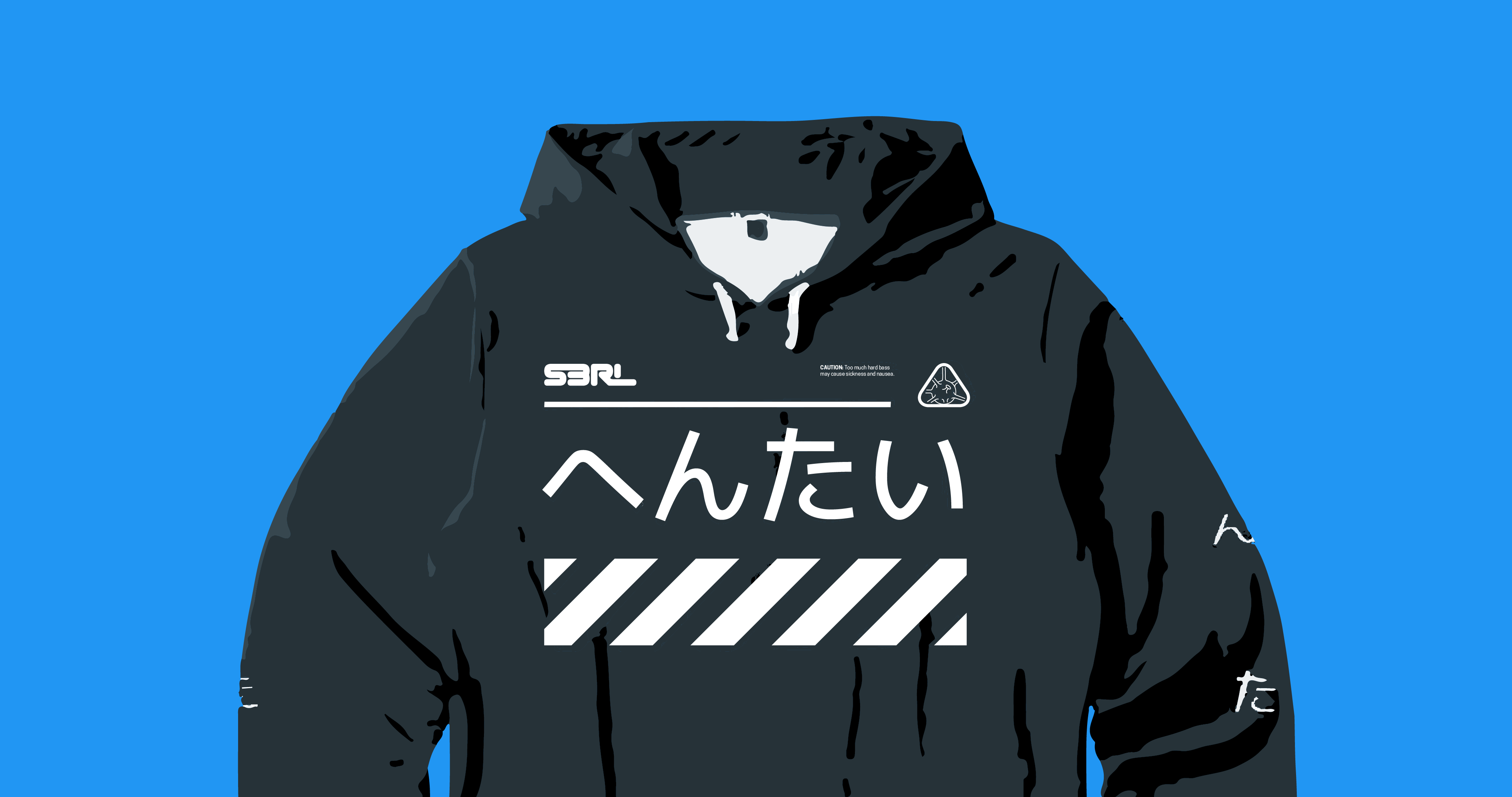 A flat, vector render of the top-half of hoodie-print graphics. Mainly featuring kanji typography, logotype, and iconography.