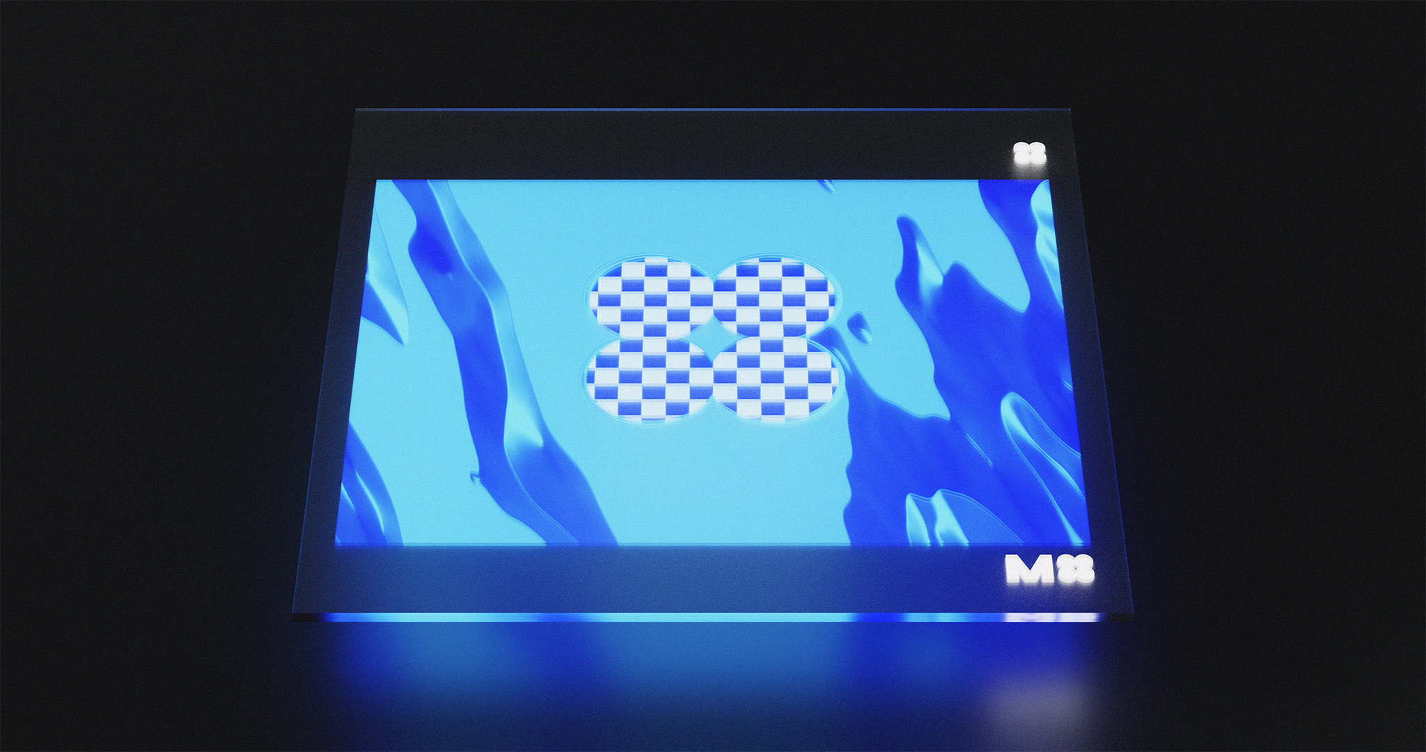 3D render of a glass screen, glowing with the M4 Music cover artwork in blue.