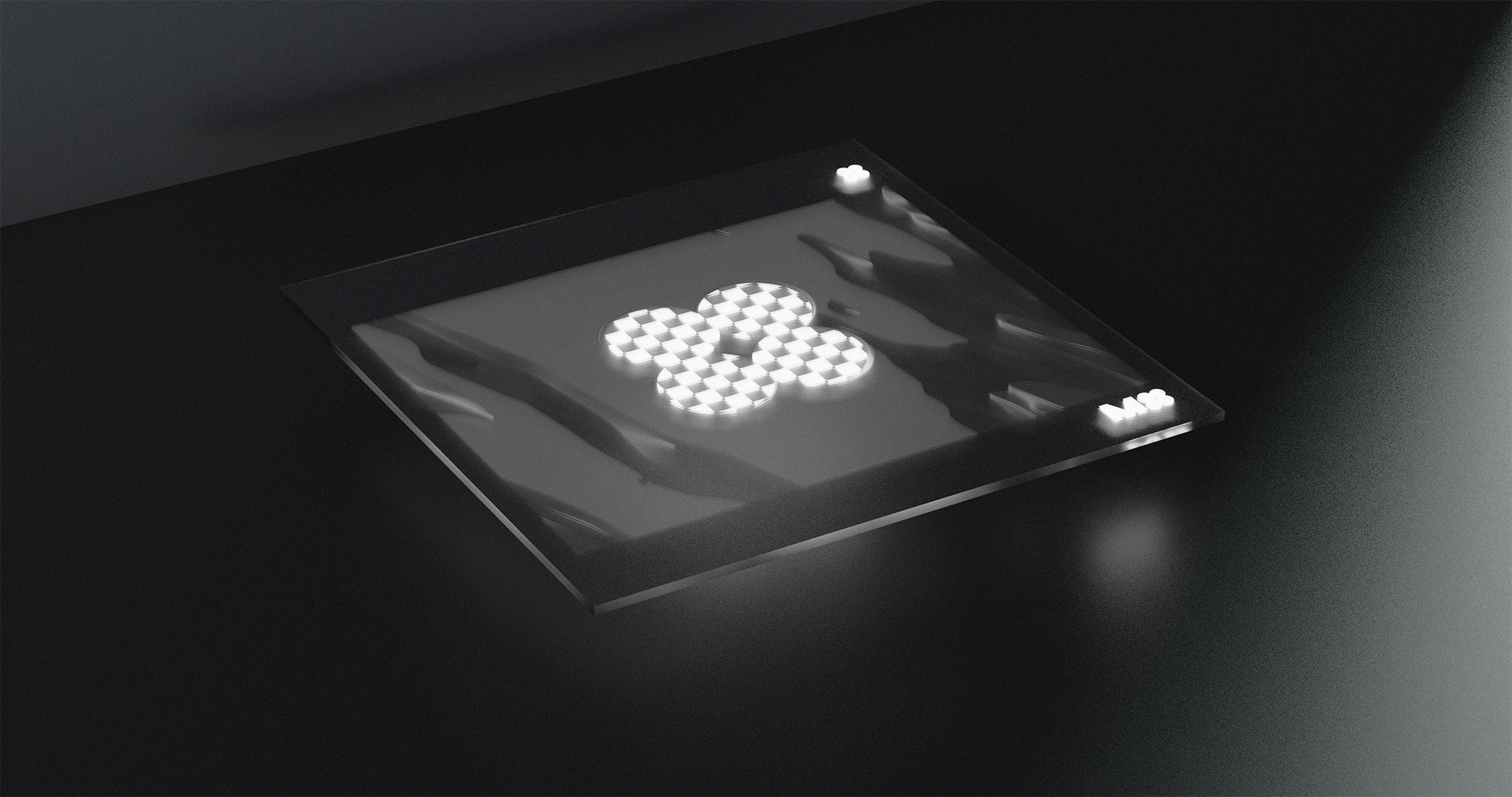 3D render of a glass screen, glowing with the M4 Music cover artwork, entirely in grayscale.