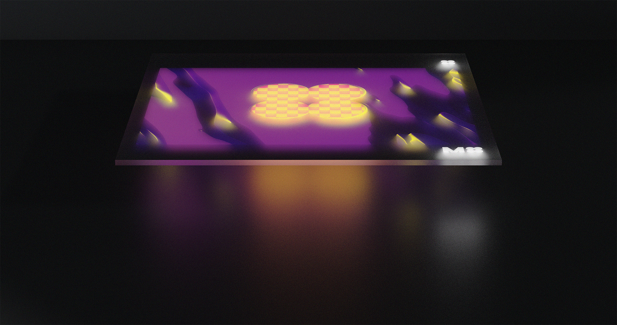3D, side-view render of a floating glass screen with glowing, purple artwork.