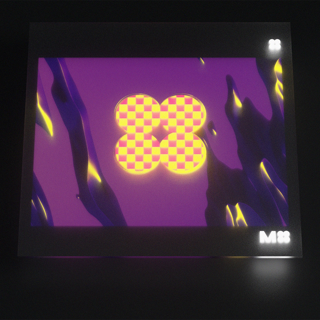 A top-view 3D render of a glass screen, glowing with the M4 Music cover artwork in purple.