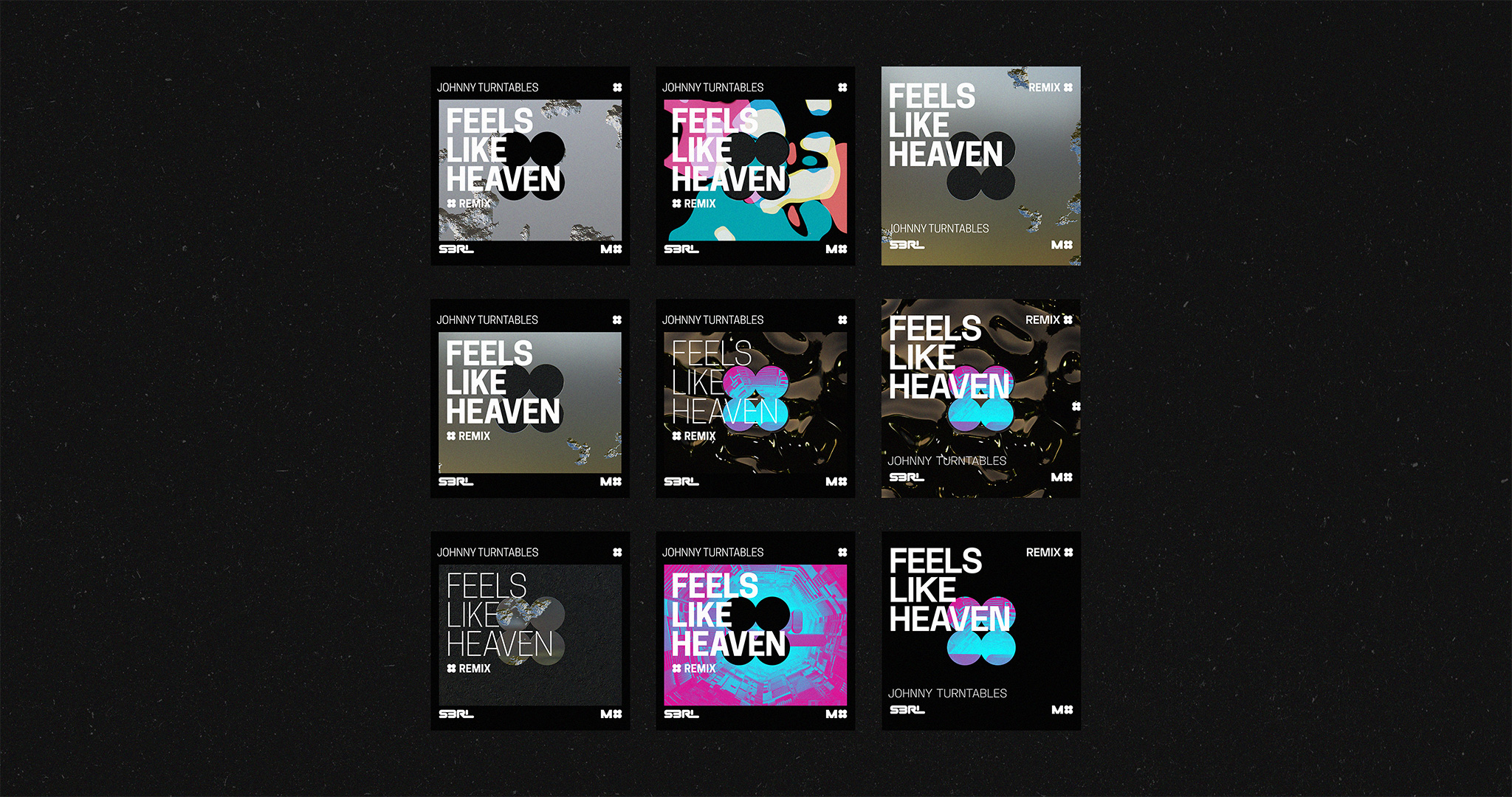 A grid-based collage of images featuring multiple prototype-versions of music cover art.