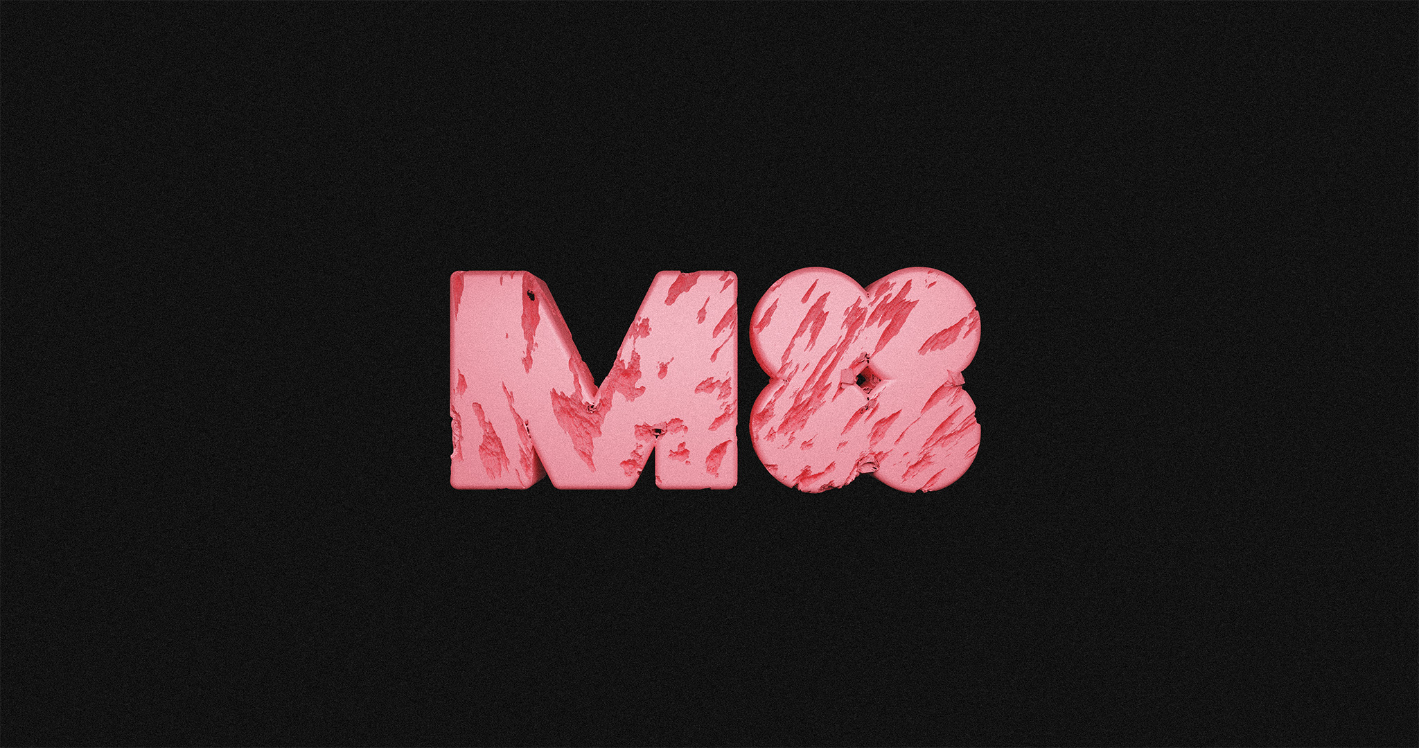 3D render of the M4 Music logotype in scratched and weathered, pink-colored plastic material.