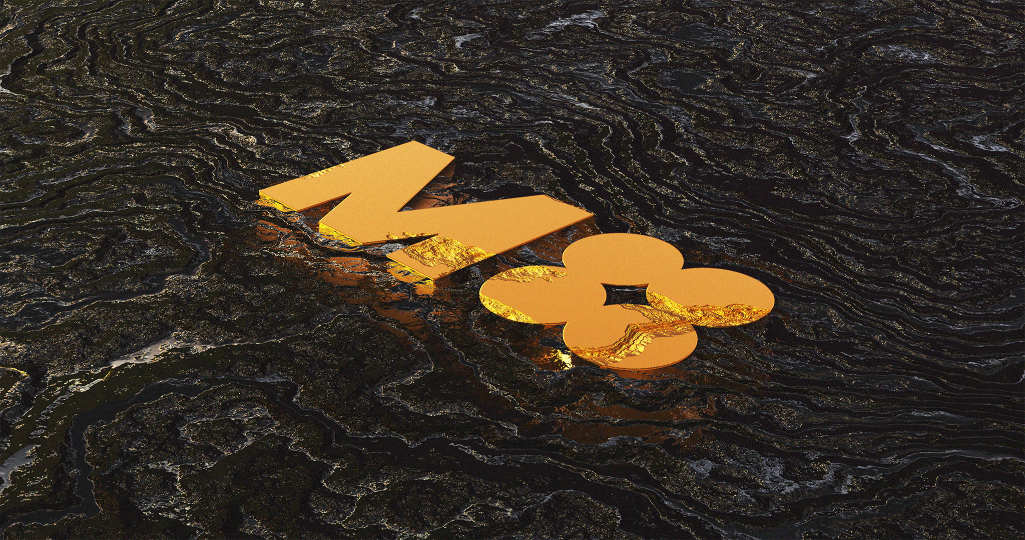 A 3D render of the M4 logotype in a weathered, golden, metallic material, embedded in shiny, frozen lava rock.