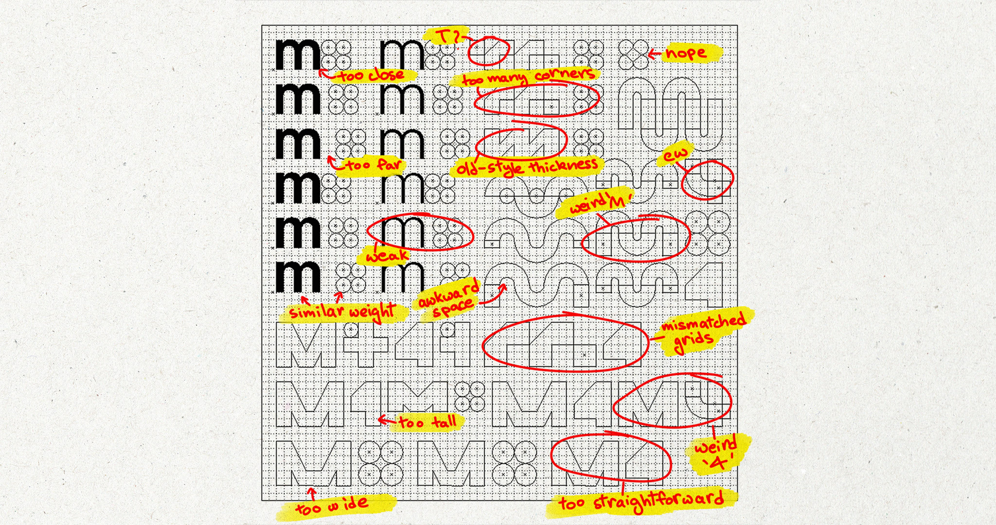 Logo prototypes sketched out on a grid, with design flaws overwritten in red marker.