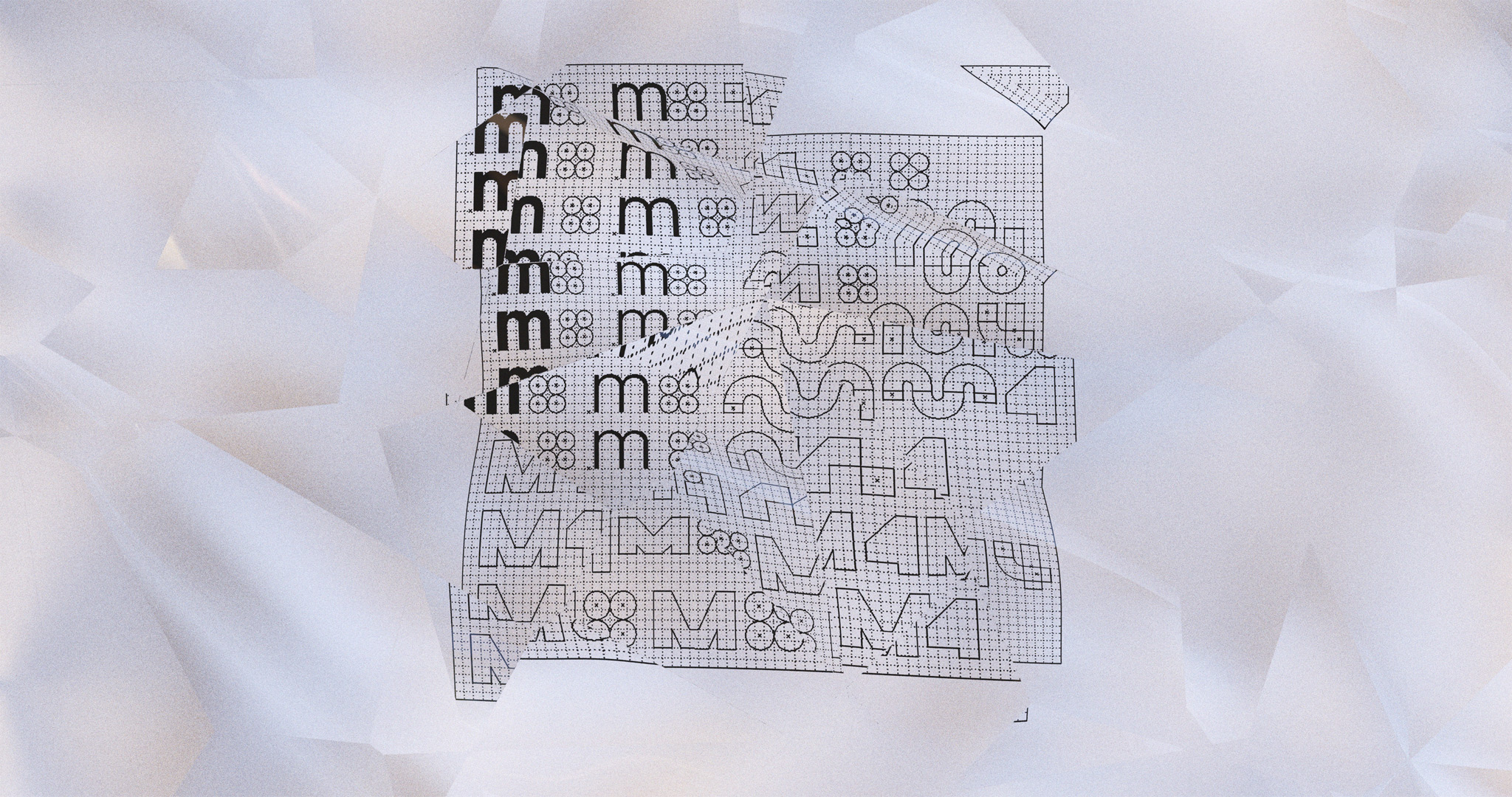 3D render of logotype prototypes produced on a grid, overlayed by shattered glass refracting the image.