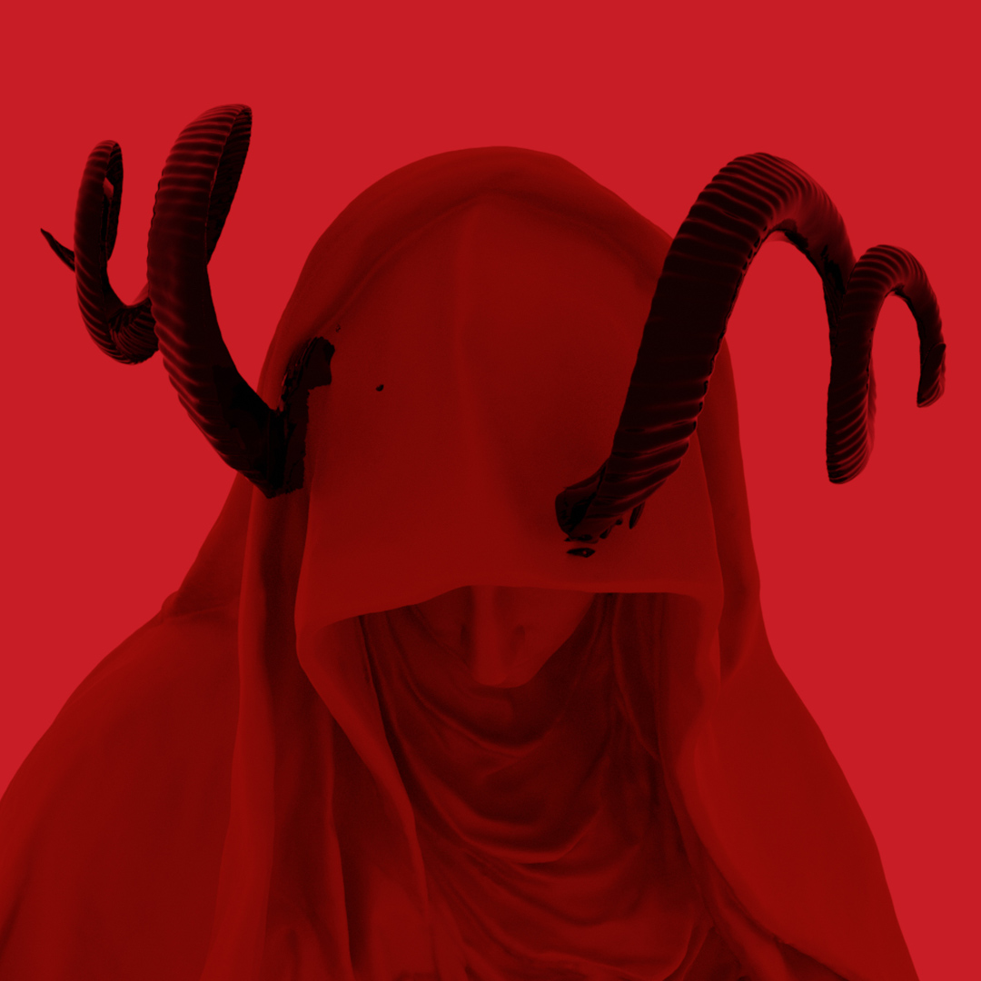 3D render of a veiled statue with spiralling horns, in pure red lighting.