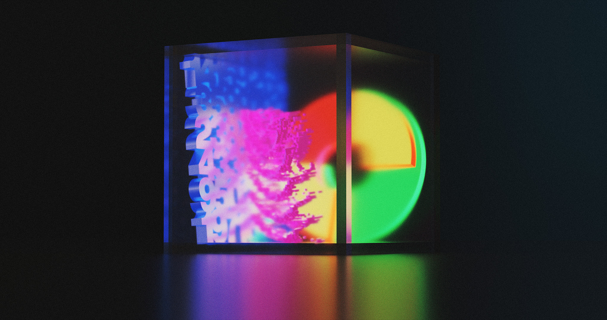 3D render of data representation glowing and enclosed in a glass box.