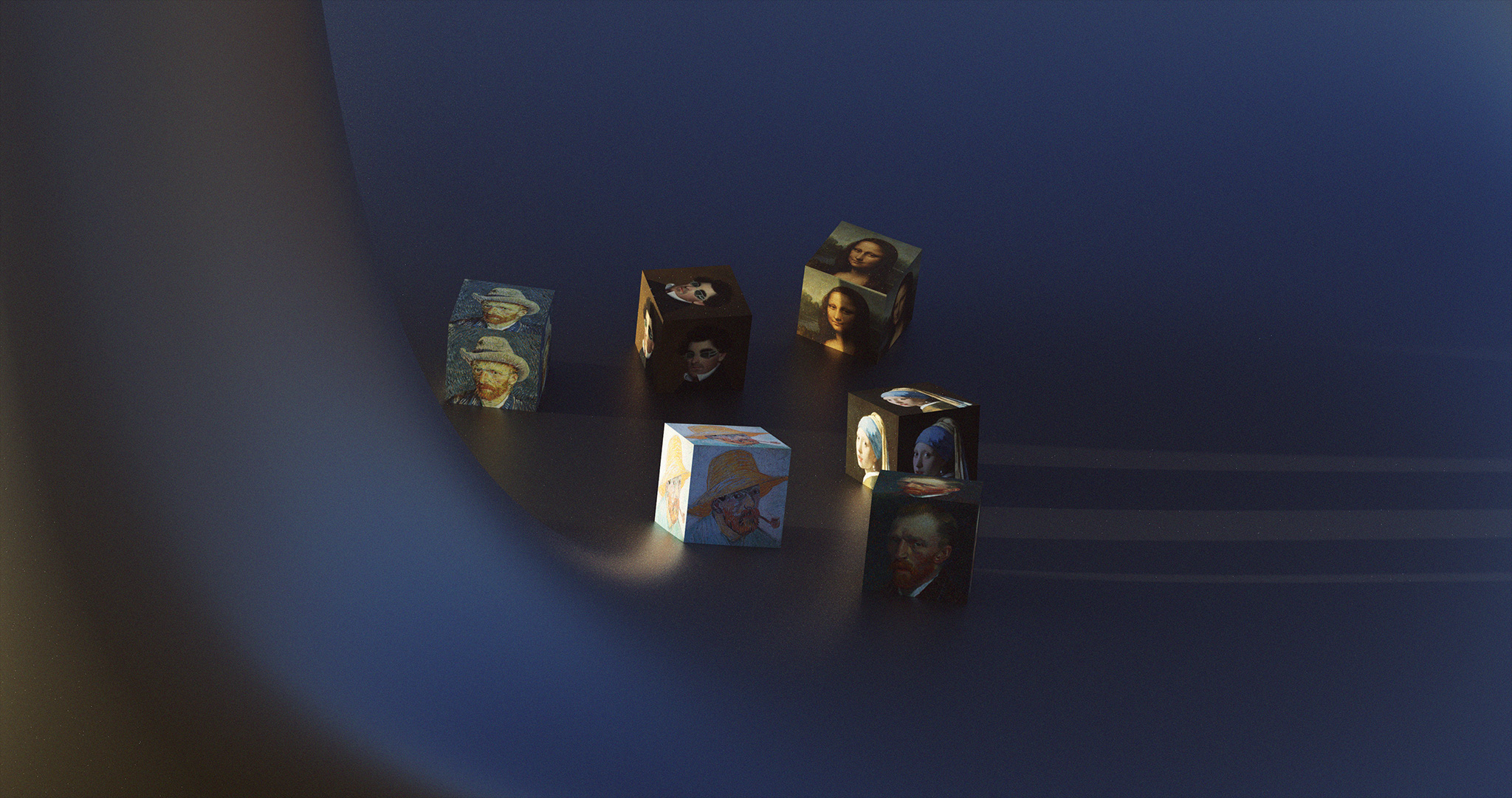 3D render of six cubes with faces from famous portrait paintings, placed on a warped, dark, metallic surface. This scene is meant to represent different audience personas that we created for this project.
